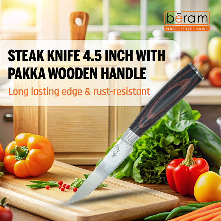 BERAM 4.5 Inch Steak Knife with Pakka Wood Handle 3CR13Stainless Steel Blade  Durable Ergonomic Effortless Cutting Garnishing Knives for Daily Use Kitchen Knife