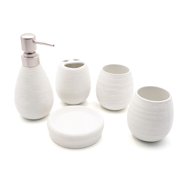 Beram Bathroom Accessory White Stripes Set 5 Piece Ceramic  Natural Textured Design with Soap Dispenser Toothbrush Holder Tumbler Multifunction Holder & Soap Dish (5PCS Set)