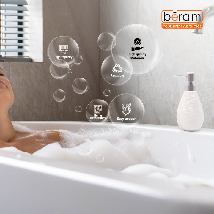 Beram Bathroom Accessory White Stripes Set 5 Piece Ceramic  Natural Textured Design with Soap Dispenser Toothbrush Holder Tumbler Multifunction Holder & Soap Dish (5PCS Set)