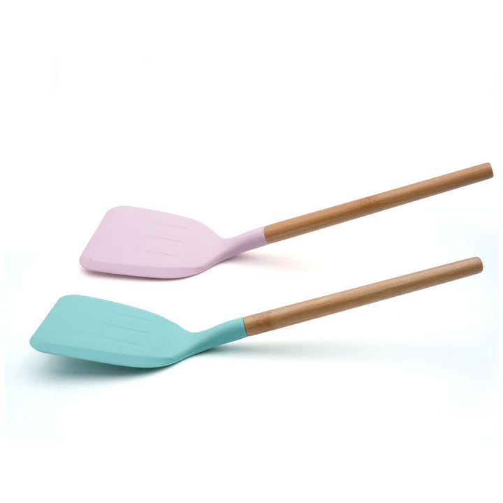 Beram 2-Piece Silicone Turner Spatula Set with Bamboo Handle Heat Resistant up to 250°C BPA-Free Non-Stick Safe Eco-Friendly Kitchen Tools for Flipping Stirring & Cooking Pink & Mint Green
