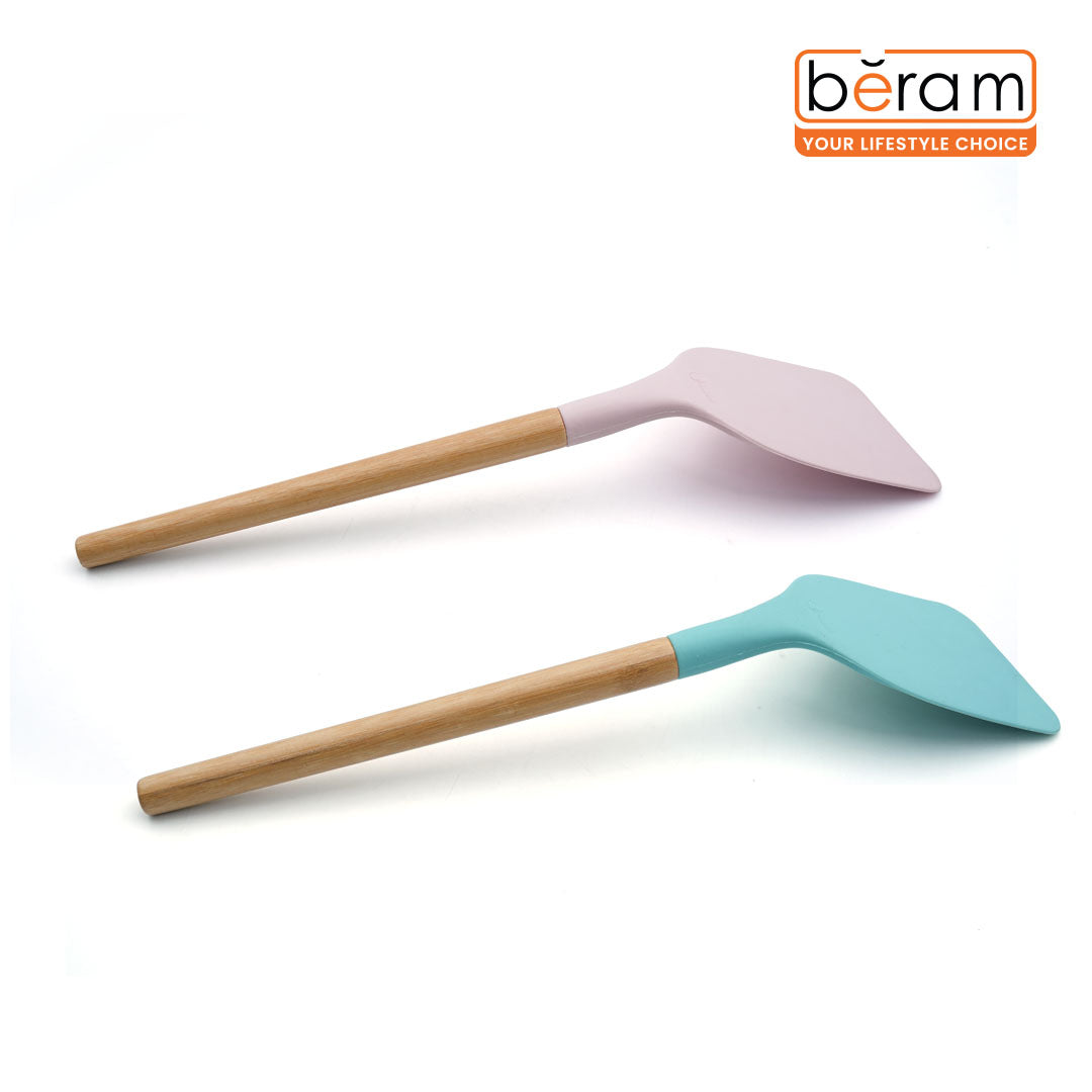 Beram 2-Piece Silicone Turner Spatula Set with Bamboo Handle Heat Resistant up to 250°C BPA-Free Non-Stick Safe Eco-Friendly Kitchen Tools for Flipping Stirring & Cooking Pink & Mint Green