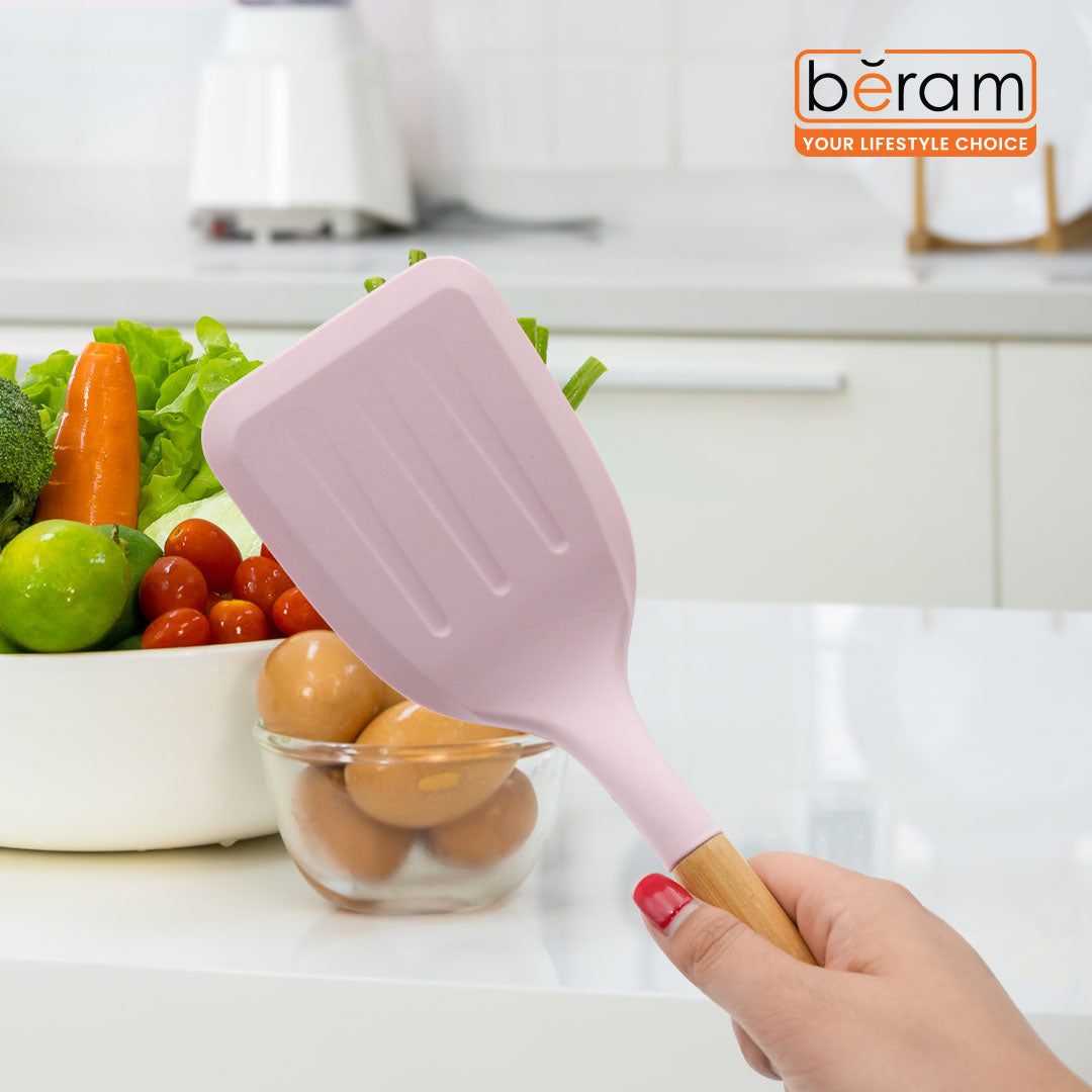 Beram 2-Piece Silicone Turner Spatula Set with Bamboo Handle Heat Resistant up to 250°C BPA-Free Non-Stick Safe Eco-Friendly Kitchen Tools for Flipping Stirring & Cooking Pink & Mint Green