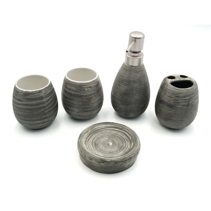 Beram Bathroom Accessory Stripes Set 5 Piece Ceramic  Natural Textured Design with Soap Dispenser Toothbrush Holder Tumbler Multifunction Holder & Soap Dish (Black) (5PCS Set)