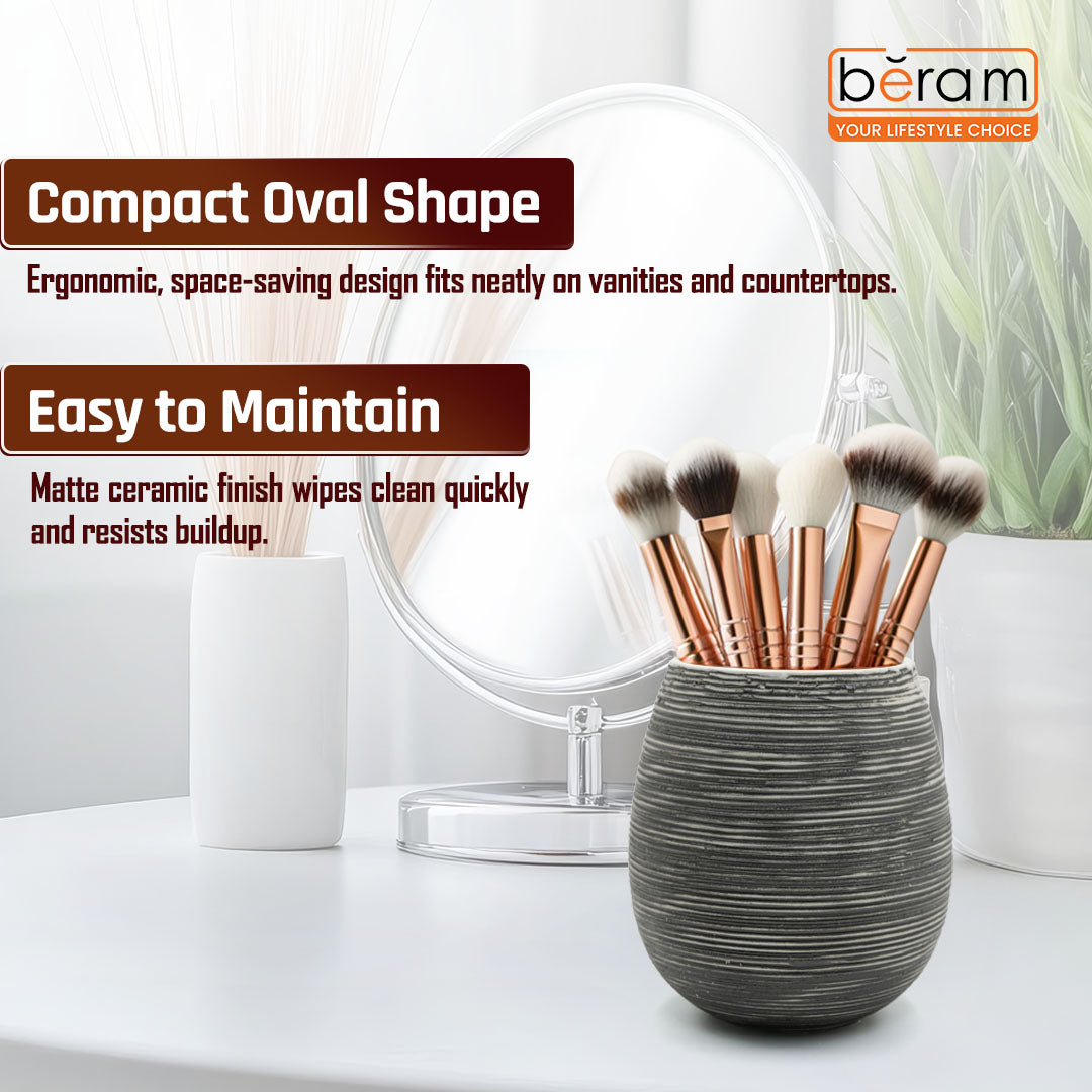 Beram Bathroom Accessory Stripes Set 5 Piece Ceramic  Natural Textured Design with Soap Dispenser Toothbrush Holder Tumbler Multifunction Holder & Soap Dish (Black) (5PCS Set)