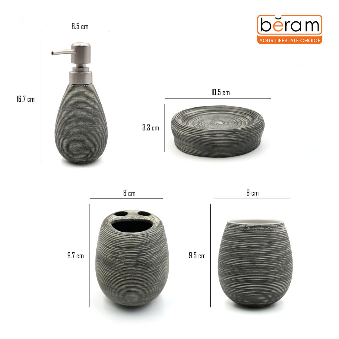 Beram Bathroom Accessory Stripes Set 5 Piece Ceramic  Natural Textured Design with Soap Dispenser Toothbrush Holder Tumbler Multifunction Holder & Soap Dish (Black) (5PCS Set)