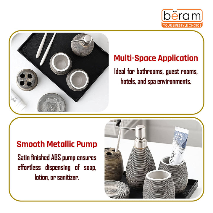 Beram Bathroom Accessory Stripes Set 5 Piece Ceramic  Natural Textured Design with Soap Dispenser Toothbrush Holder Tumbler Multifunction Holder & Soap Dish (Black) (5PCS Set)