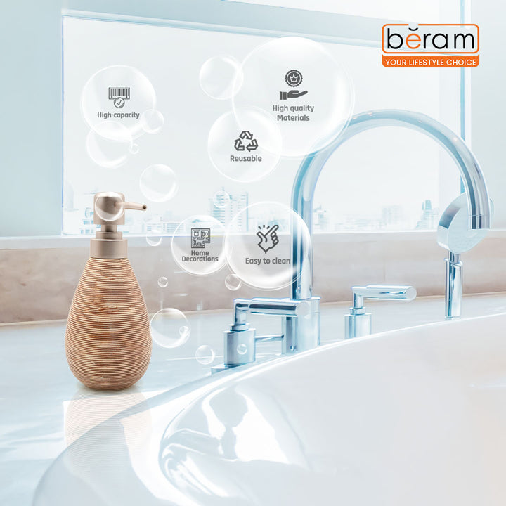 Beram 5PCS Brown Ceramic Bathroom Kitchen Accessory Set Natural Textured Design with Soap Dispenser brush Holder Tumbler Multifunction Holder & Soap Dish Rustic Boho Style (5PCS Set)