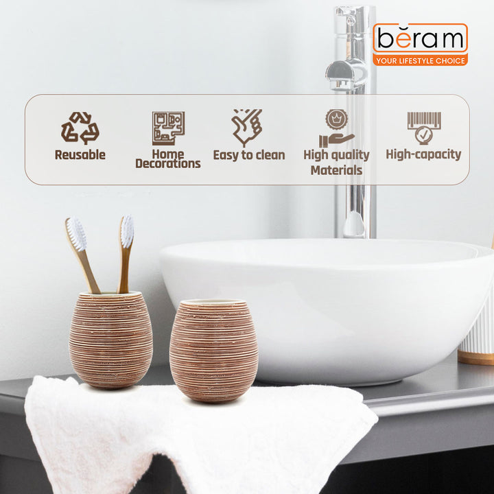 Beram 5PCS Brown Ceramic Bathroom Kitchen Accessory Set Natural Textured Design with Soap Dispenser brush Holder Tumbler Multifunction Holder & Soap Dish Rustic Boho Style (5PCS Set)