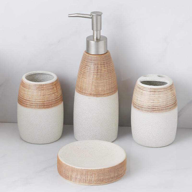 Stripes Plain Brown and White 4pc liquid dispenser set