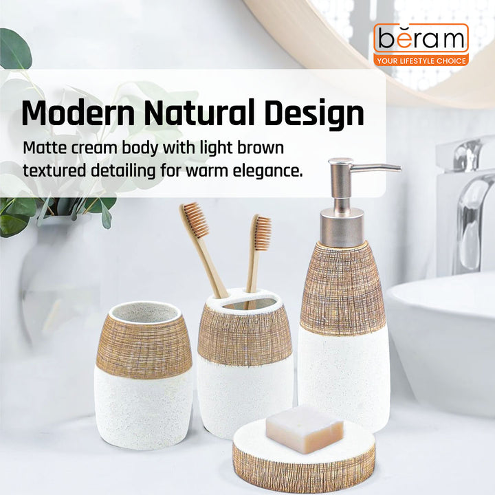 Beram 4PCS Ceramic Bathroom Accessory Set, White &  Brown Textured Set with Lotion Dispenser, Toothbrush Holder, Tumbler, and Soap Dish, Modern Bathroom Countertop Organizer (4PCS Set)