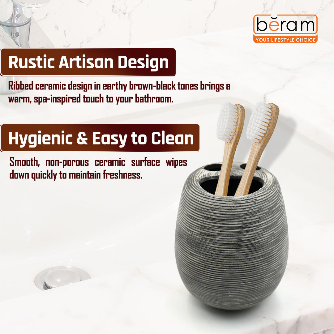 Beram Bathroom Accessory Stripes Set 5 Piece Ceramic  Natural Textured Design with Soap Dispenser Toothbrush Holder Tumbler Multifunction Holder & Soap Dish (Black) (5PCS Set)