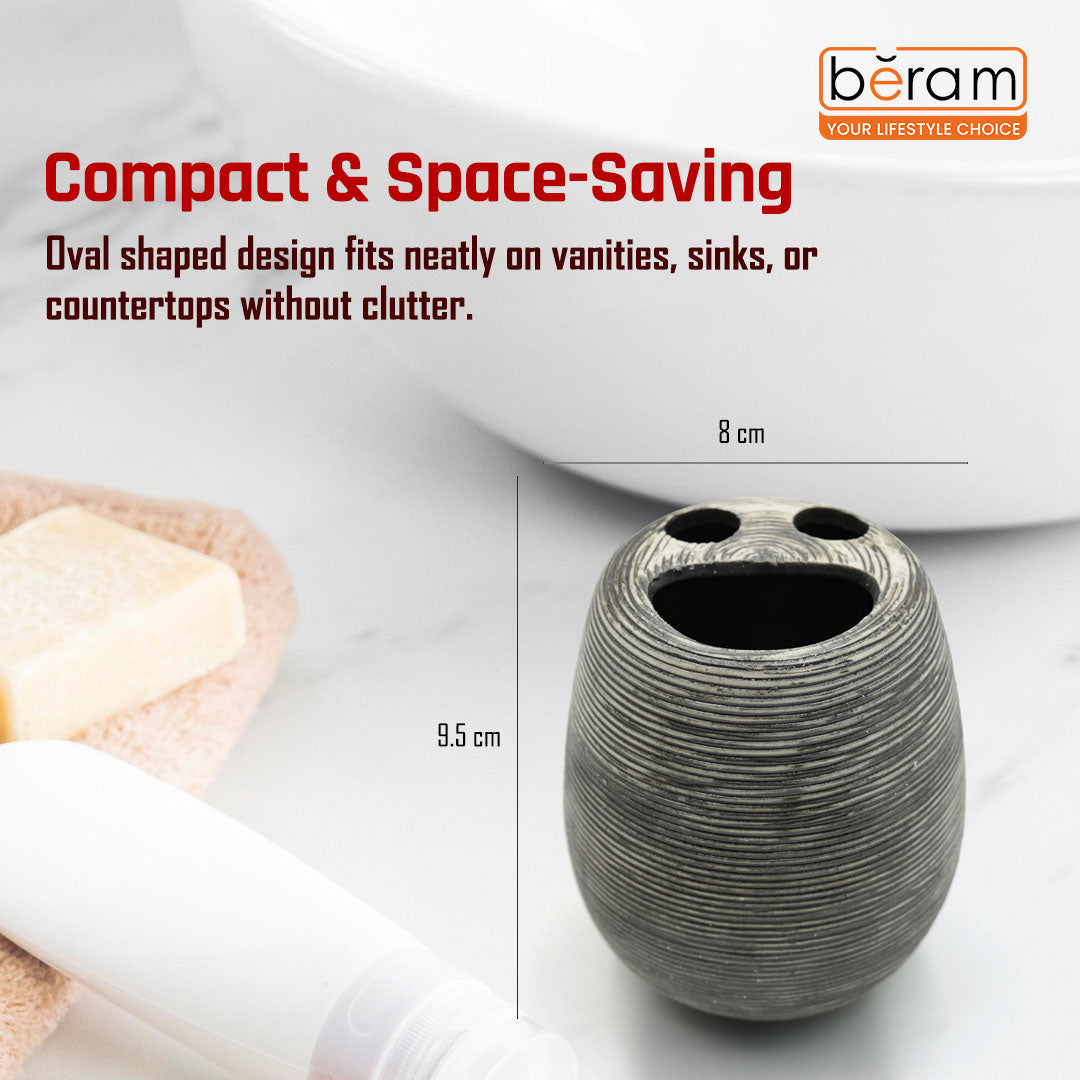 Beram Bathroom Accessory Stripes Set 5 Piece Ceramic  Natural Textured Design with Soap Dispenser Toothbrush Holder Tumbler Multifunction Holder & Soap Dish (Black) (5PCS Set)