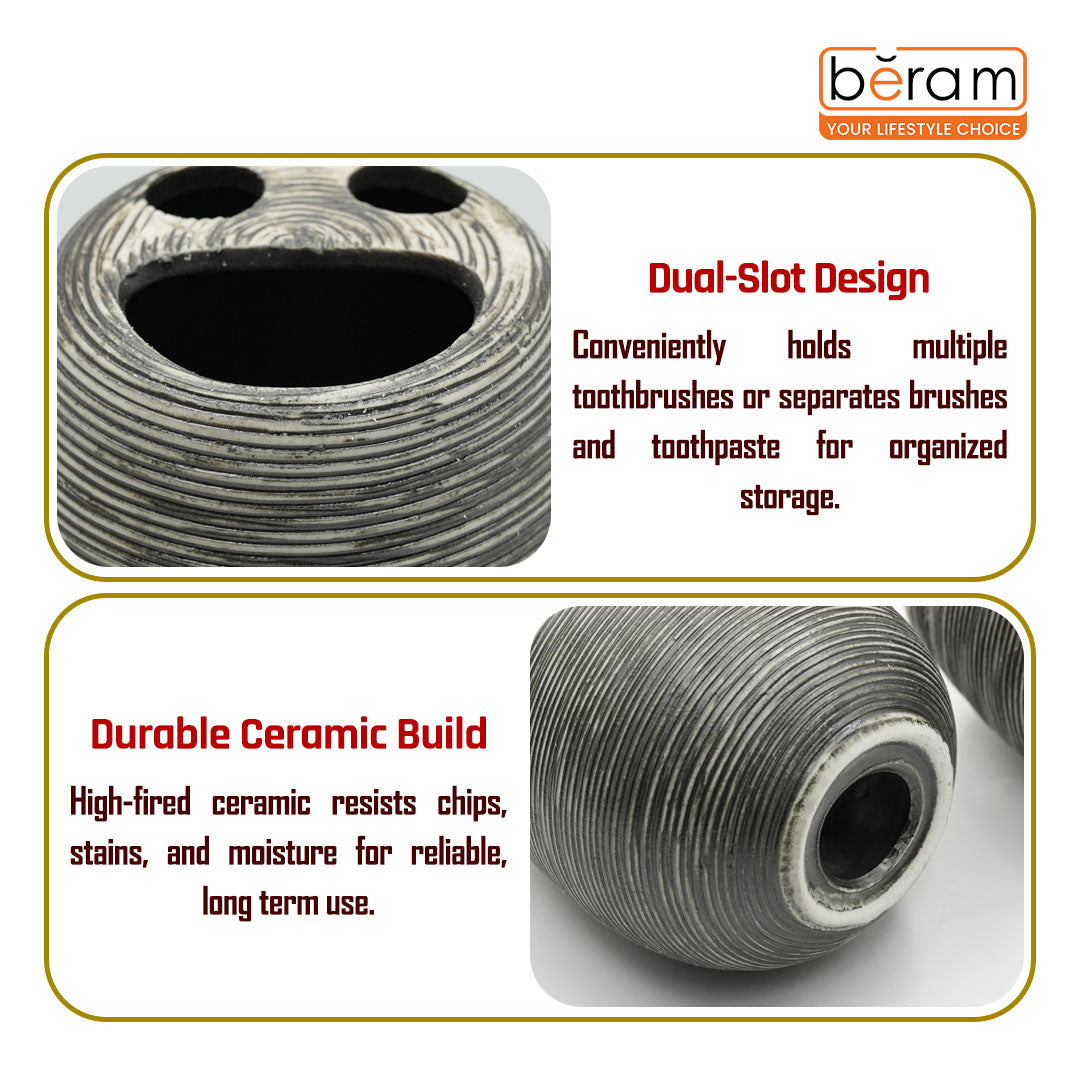 Beram Bathroom Accessory Stripes Set 5 Piece Ceramic  Natural Textured Design with Soap Dispenser Toothbrush Holder Tumbler Multifunction Holder & Soap Dish (Black) (5PCS Set)