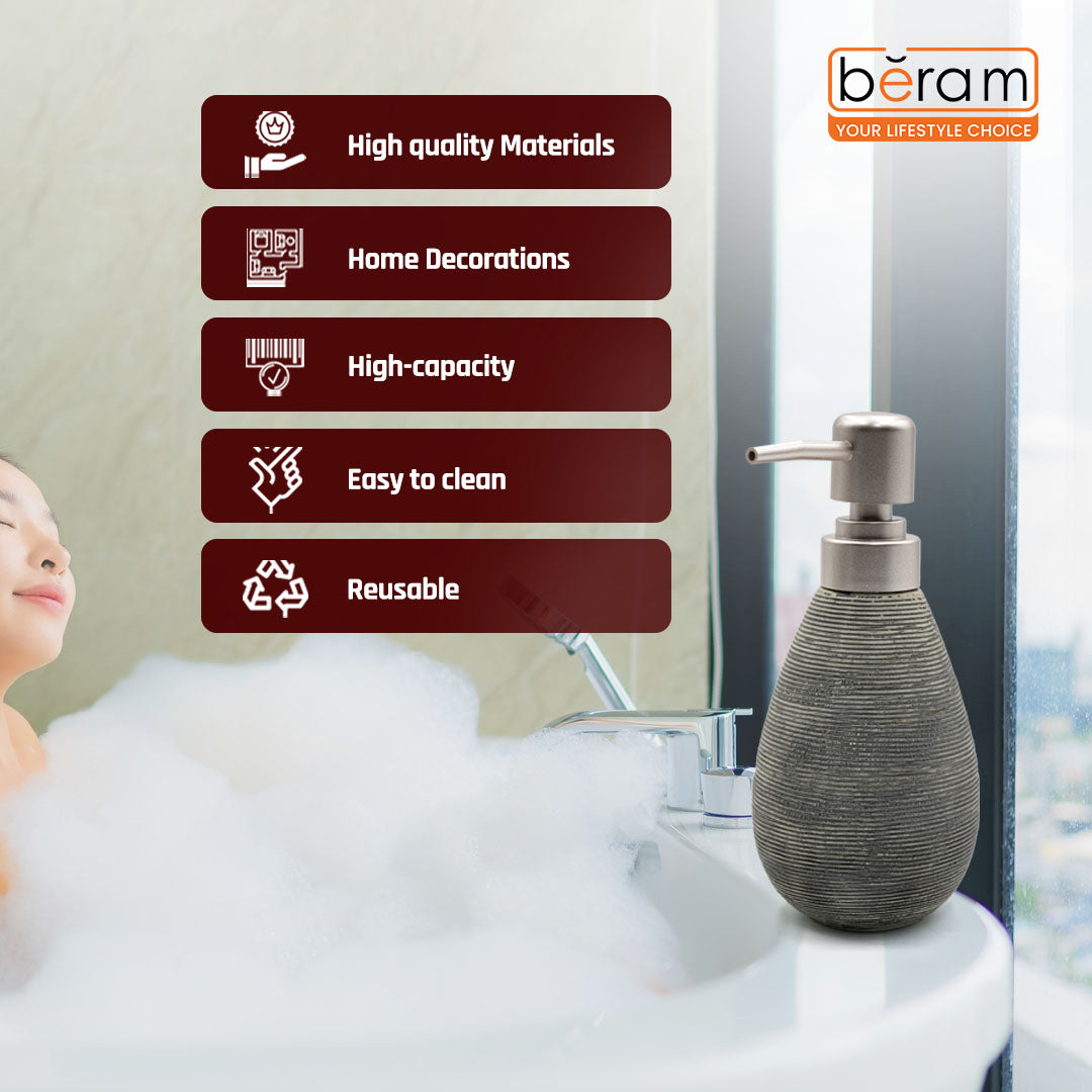 Beram Bathroom Accessory Stripes Set 5 Piece Ceramic  Natural Textured Design with Soap Dispenser Toothbrush Holder Tumbler Multifunction Holder & Soap Dish (Black) (5PCS Set)