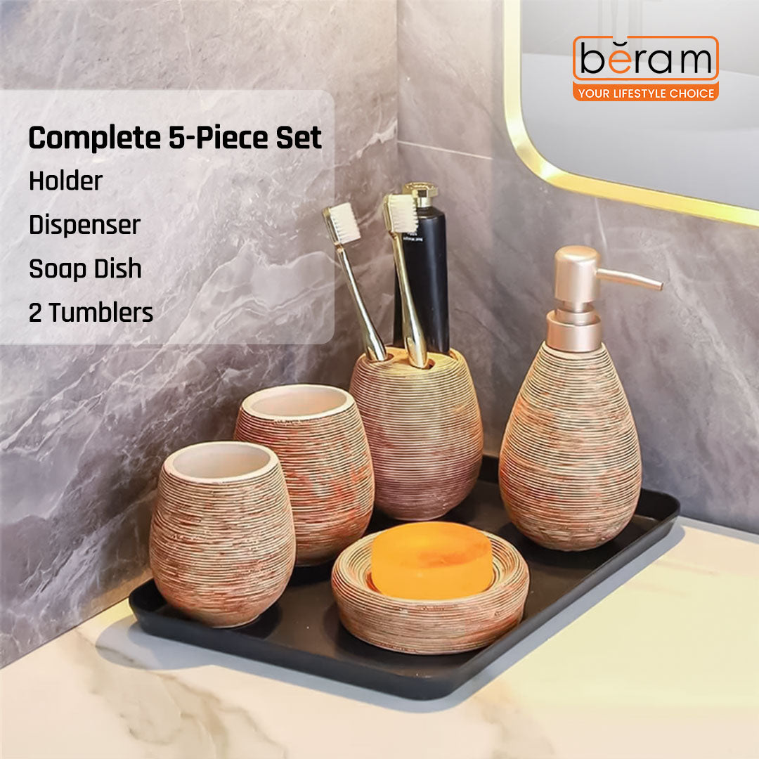 Beram 5PCS Brown Ceramic Bathroom Kitchen Accessory Set Natural Textured Design with Soap Dispenser brush Holder Tumbler Multifunction Holder & Soap Dish Rustic Boho Style (5PCS Set)