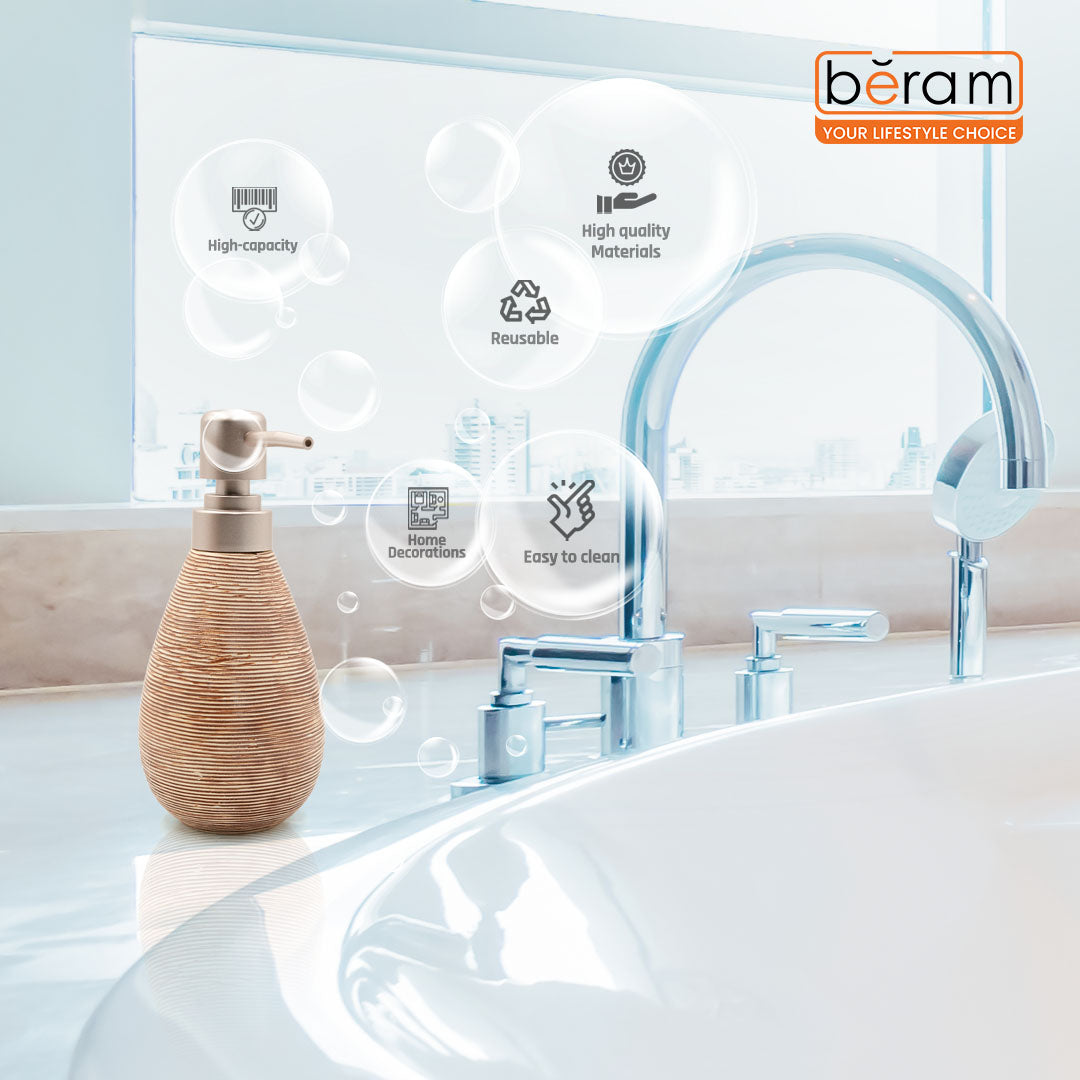 Beram 5PCS Brown Ceramic Bathroom Kitchen Accessory Set Natural Textured Design with Soap Dispenser brush Holder Tumbler Multifunction Holder & Soap Dish Rustic Boho Style (5PCS Set)