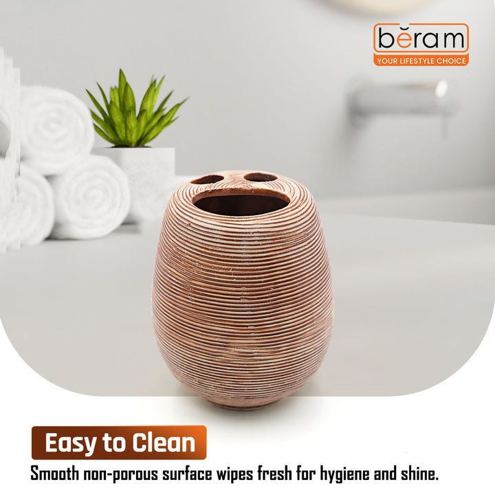 Beram 5PCS Brown Ceramic Bathroom Kitchen Accessory Set Natural Textured Design with Soap Dispenser brush Holder Tumbler Multifunction Holder & Soap Dish Rustic Boho Style (5PCS Set)