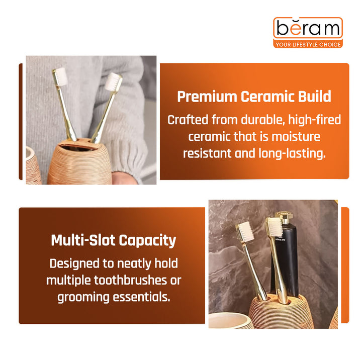 Beram 5PCS Brown Ceramic Bathroom Kitchen Accessory Set Natural Textured Design with Soap Dispenser brush Holder Tumbler Multifunction Holder & Soap Dish Rustic Boho Style (5PCS Set)