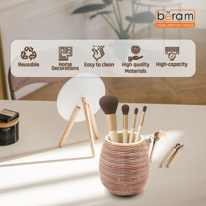 Beram 5PCS Brown Ceramic Bathroom Kitchen Accessory Set Natural Textured Design with Soap Dispenser brush Holder Tumbler Multifunction Holder & Soap Dish Rustic Boho Style (5PCS Set)