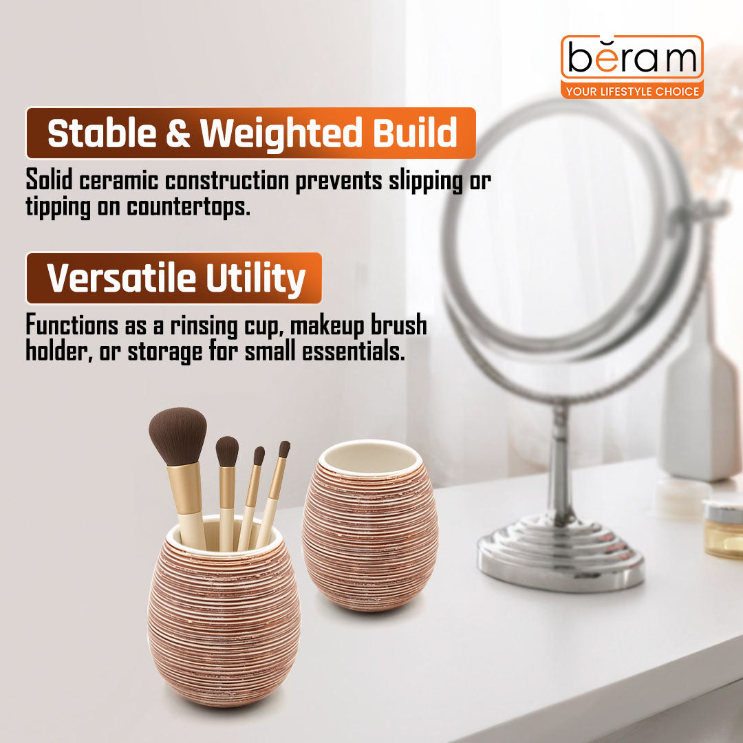 Beram 5PCS Brown Ceramic Bathroom Kitchen Accessory Set Natural Textured Design with Soap Dispenser brush Holder Tumbler Multifunction Holder & Soap Dish Rustic Boho Style (5PCS Set)