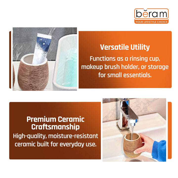 Beram 5PCS Brown Ceramic Bathroom Kitchen Accessory Set Natural Textured Design with Soap Dispenser brush Holder Tumbler Multifunction Holder & Soap Dish Rustic Boho Style (5PCS Set)