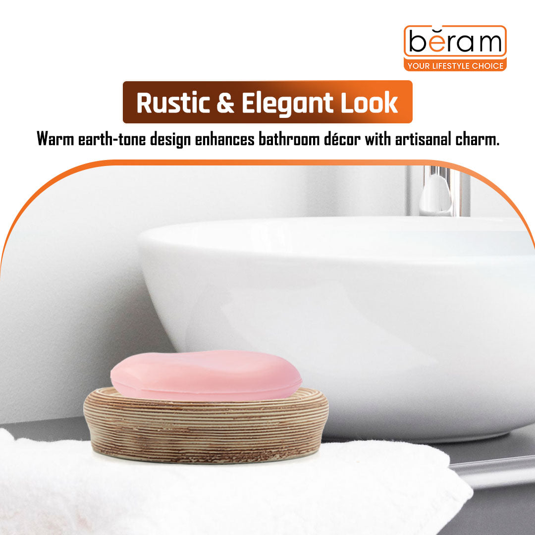 Beram 5PCS Brown Ceramic Bathroom Kitchen Accessory Set Natural Textured Design with Soap Dispenser brush Holder Tumbler Multifunction Holder & Soap Dish Rustic Boho Style (5PCS Set)