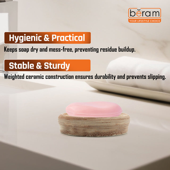 Beram 5PCS Brown Ceramic Bathroom Kitchen Accessory Set Natural Textured Design with Soap Dispenser brush Holder Tumbler Multifunction Holder & Soap Dish Rustic Boho Style (5PCS Set)