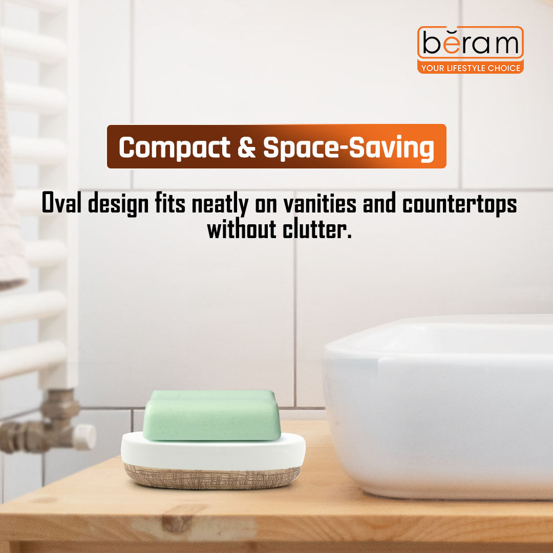 Beram Dispenser Plain Stripes 4 Piece Ceramic Bathroom & Kitchen Accessory Set Rustic Matte Finish with Soap Dispenser Tumbler Toothbrush Holder & Soap Dish Handmade (White and Brown) (4PCS Set)