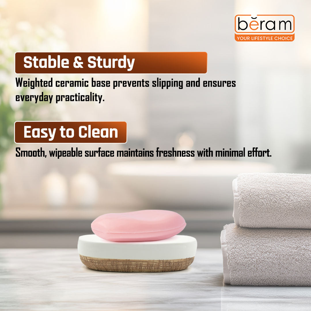 Beram Dispenser Plain Stripes 4 Piece Ceramic Bathroom & Kitchen Accessory Set Rustic Matte Finish with Soap Dispenser Tumbler Toothbrush Holder & Soap Dish Handmade (White and Brown) (4PCS Set)