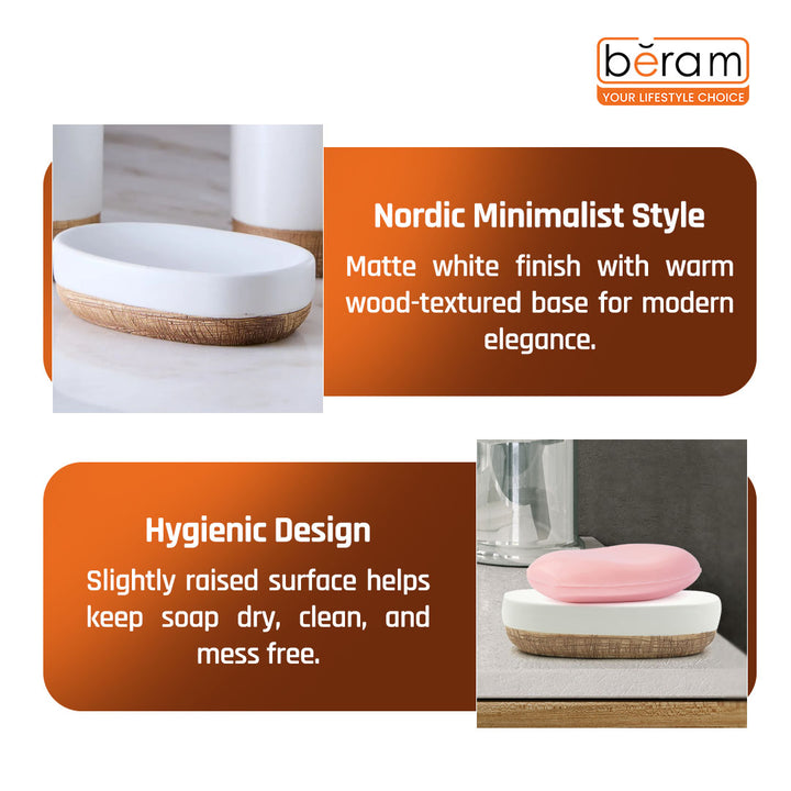 Beram Dispenser Plain Stripes 4 Piece Ceramic Bathroom & Kitchen Accessory Set Rustic Matte Finish with Soap Dispenser Tumbler Toothbrush Holder & Soap Dish Handmade (White and Brown) (4PCS Set)