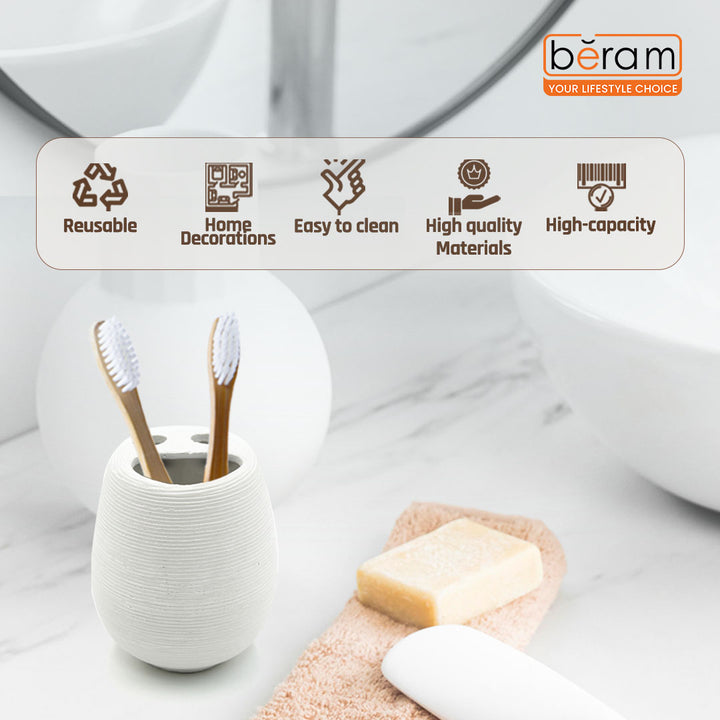 Beram Bathroom Accessory White Stripes Set 5 Piece Ceramic  Natural Textured Design with Soap Dispenser Toothbrush Holder Tumbler Multifunction Holder & Soap Dish (5PCS Set)