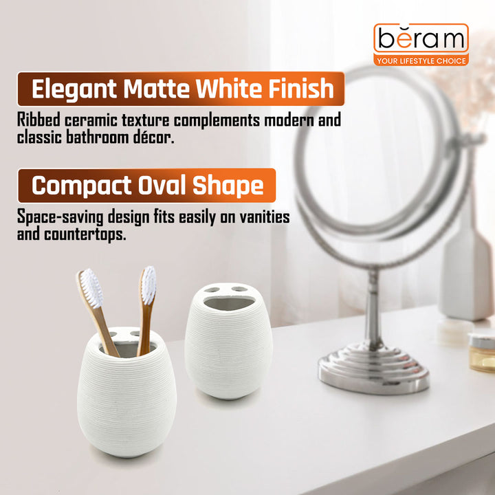 Beram Bathroom Accessory White Stripes Set 5 Piece Ceramic  Natural Textured Design with Soap Dispenser Toothbrush Holder Tumbler Multifunction Holder & Soap Dish (5PCS Set)