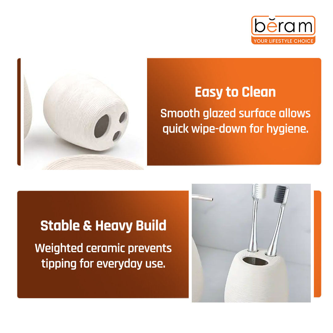 Beram Bathroom Accessory White Stripes Set 5 Piece Ceramic  Natural Textured Design with Soap Dispenser Toothbrush Holder Tumbler Multifunction Holder & Soap Dish (5PCS Set)