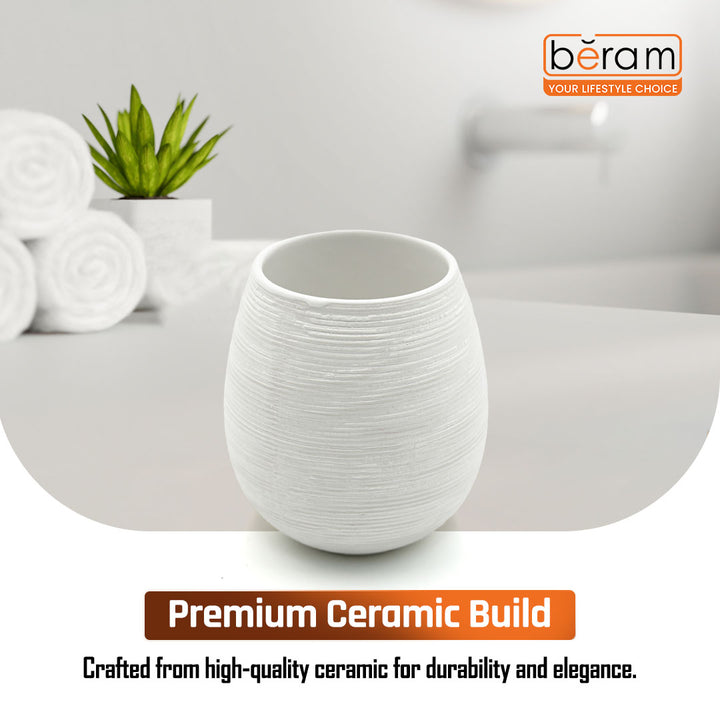 Beram Bathroom Accessory White Stripes Set 5 Piece Ceramic  Natural Textured Design with Soap Dispenser Toothbrush Holder Tumbler Multifunction Holder & Soap Dish (5PCS Set)
