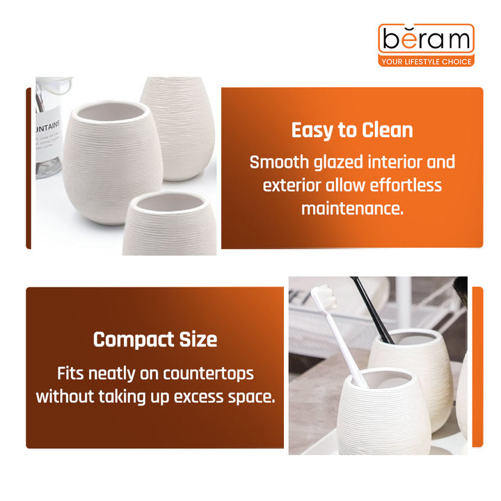 Beram Bathroom Accessory White Stripes Set 5 Piece Ceramic  Natural Textured Design with Soap Dispenser Toothbrush Holder Tumbler Multifunction Holder & Soap Dish (5PCS Set)