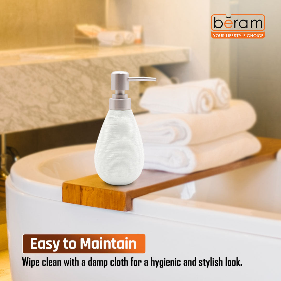 Beram Bathroom Accessory White Stripes Set 5 Piece Ceramic  Natural Textured Design with Soap Dispenser Toothbrush Holder Tumbler Multifunction Holder & Soap Dish (5PCS Set)