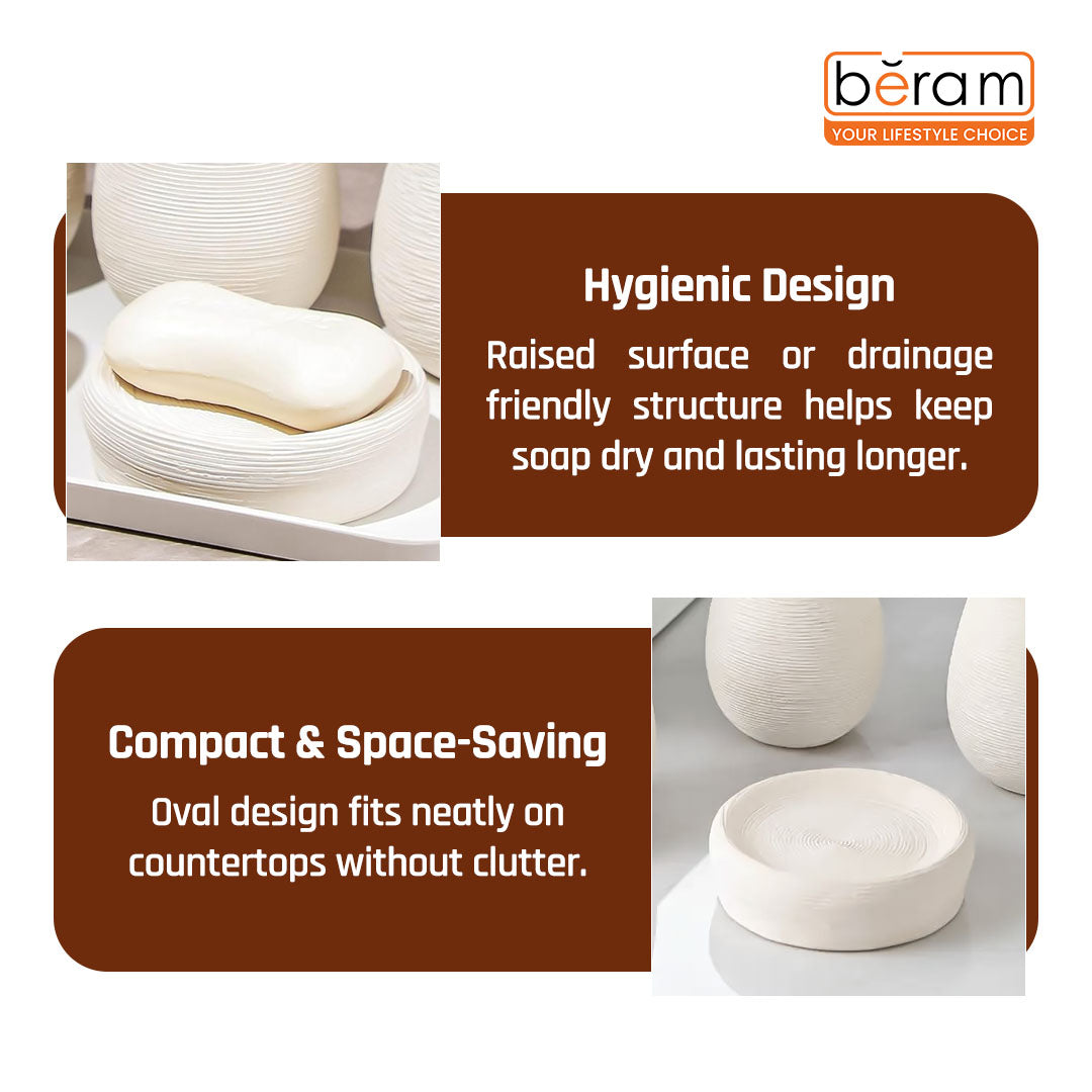 Beram Bathroom Accessory White Stripes Set 5 Piece Ceramic  Natural Textured Design with Soap Dispenser Toothbrush Holder Tumbler Multifunction Holder & Soap Dish (5PCS Set)