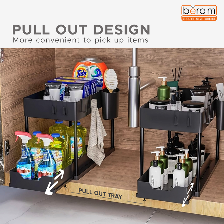 Beram Under Sink Organizer 2-Tier Sliding Cabinet Shelf Rack with Pull Out Drawer Hooks Double Layer Bathroom Kitchen Bedroom Countertop Storage Rack Space Saving Organizer Black