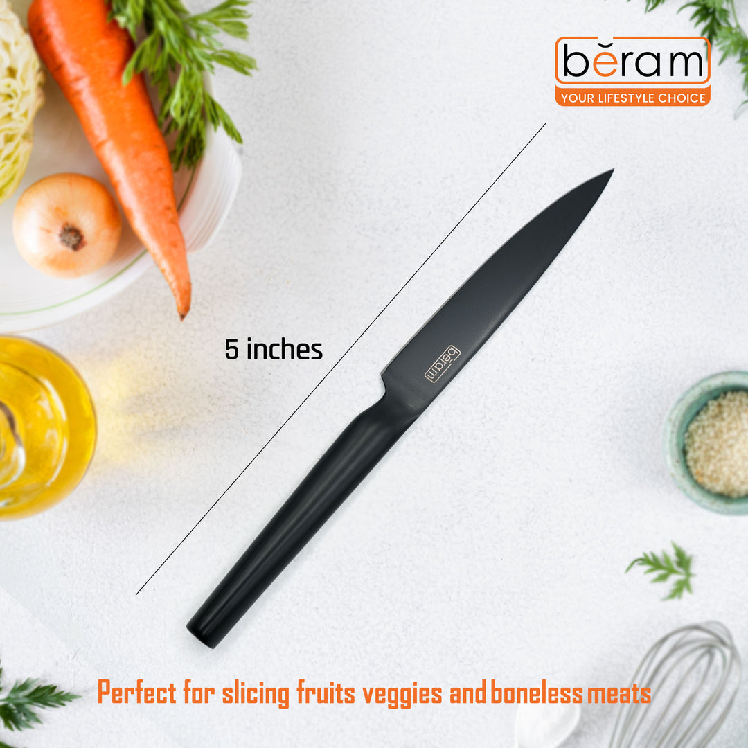 BERAM 5 Inch Utility Knife Black Oxide Coated 3CR13Stainless Steel Blade with SS430 Handle  Non-Stick Scratch-Resistant Blade for Precise Slicing Trimming Sleek Everyday Kitchen Tool