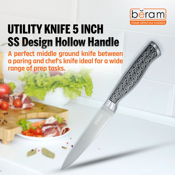 BERAM 5 Inch Professional Utility Knife 3CR13 Stainless Steel Blade Sharp Precision Granton Edge Chopping Slicing Mincing Stylish Modern Durable Kitchen Essential SS Design hollow handle