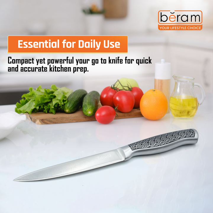 BERAM 5 Inch Professional Utility Knife 3CR13 Stainless Steel Blade Sharp Precision Granton Edge Chopping Slicing Mincing Stylish Modern Durable Kitchen Essential SS Design hollow handle