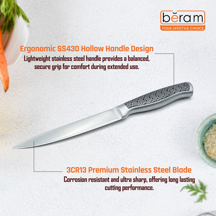 BERAM 5 Inch Professional Utility Knife 3CR13 Stainless Steel Blade Sharp Precision Granton Edge Chopping Slicing Mincing Stylish Modern Durable Kitchen Essential SS Design hollow handle