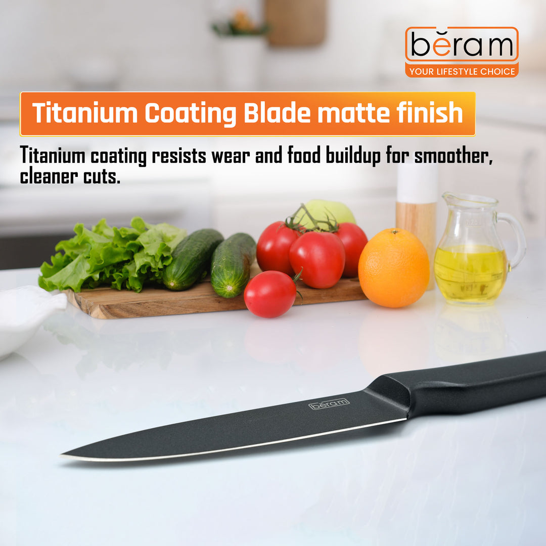 BERAM 5 Inch Utility Knife Titanium Black Coated 3CR13 Stainless Steel Blade with SS430 Handle  Precision Cutting Tool for Fruits  Vegetables  Meats  Sleek  Durable Kitchen Knife