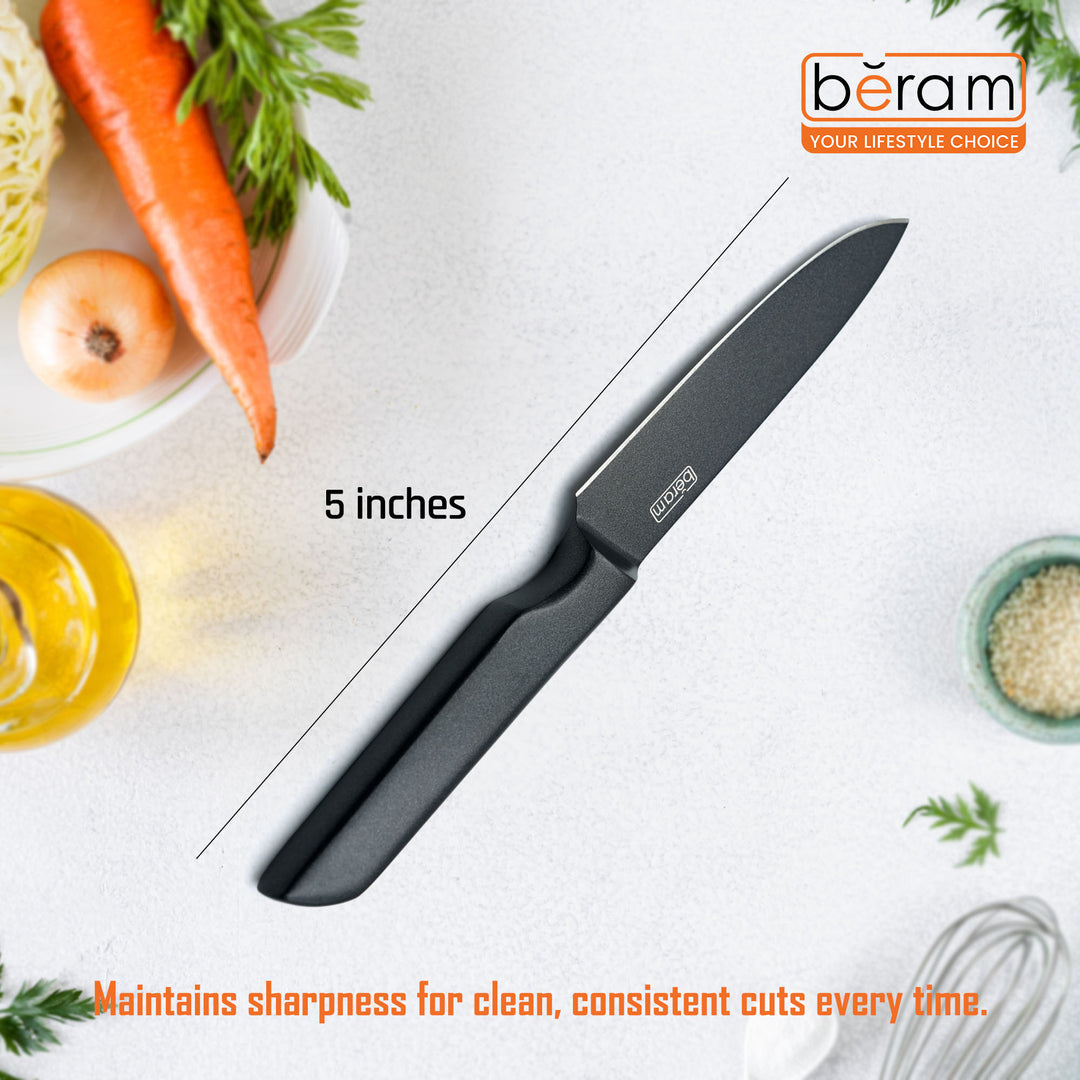 BERAM 5 Inch Utility Knife Titanium Black Coated 3CR13 Stainless Steel Blade with SS430 Handle  Precision Cutting Tool for Fruits  Vegetables  Meats  Sleek  Durable Kitchen Knife