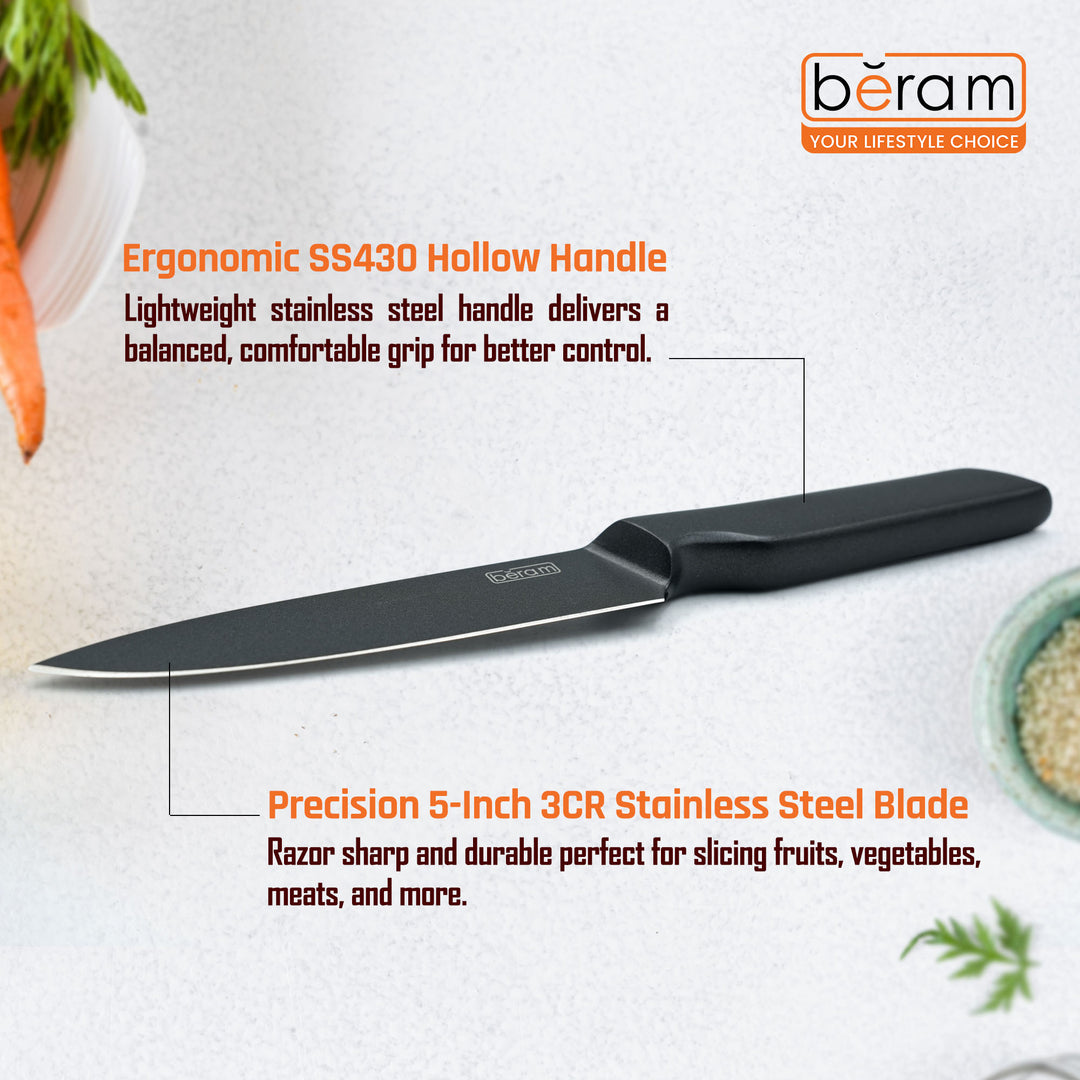 BERAM 5 Inch Utility Knife Titanium Black Coated 3CR13 Stainless Steel Blade with SS430 Handle  Precision Cutting Tool for Fruits  Vegetables  Meats  Sleek  Durable Kitchen Knife