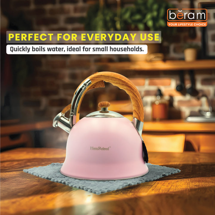 Haus Roland Stainless Steel Whistling Tea Kettle, Wooden Handles, 3L Capacity, Flat Bottom, for Electric, Gas, Induction, Radiation Stoves, Fast Boiling Teapot, Kitchen Utensils