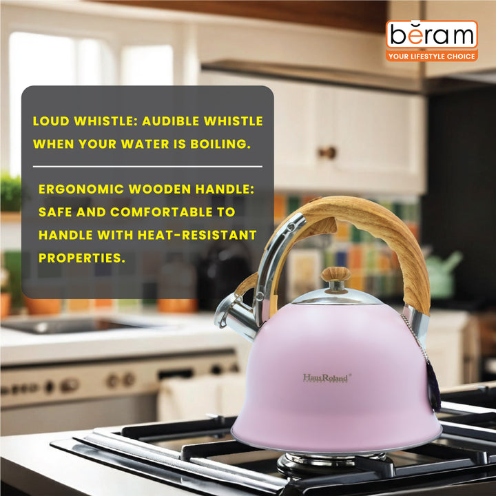 Haus Roland Stainless Steel Whistling Tea Kettle, Wooden Handles, 3L Capacity, Flat Bottom, for Electric, Gas, Induction, Radiation Stoves, Fast Boiling Teapot, Kitchen Utensils