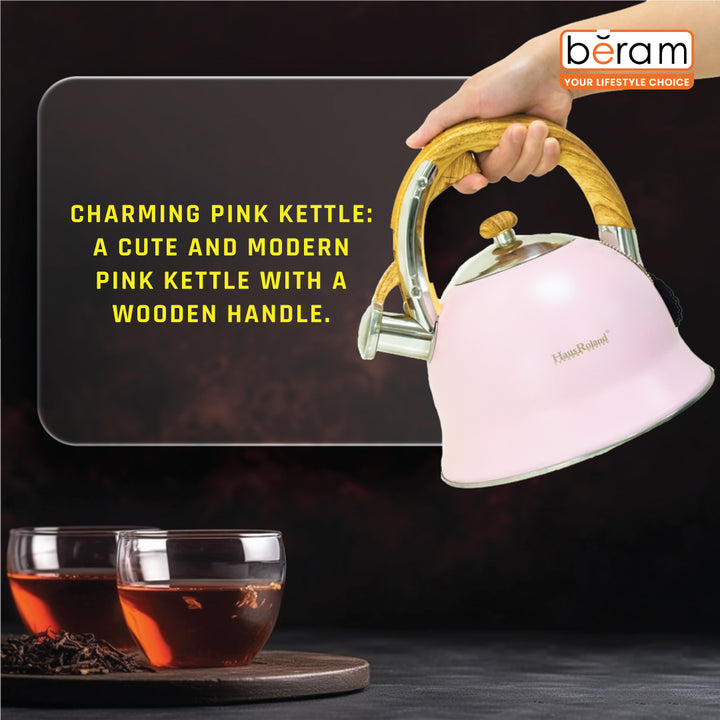 Haus Roland Stainless Steel Whistling Tea Kettle, Wooden Handles, 3L Capacity, Flat Bottom, for Electric, Gas, Induction, Radiation Stoves, Fast Boiling Teapot, Kitchen Utensils