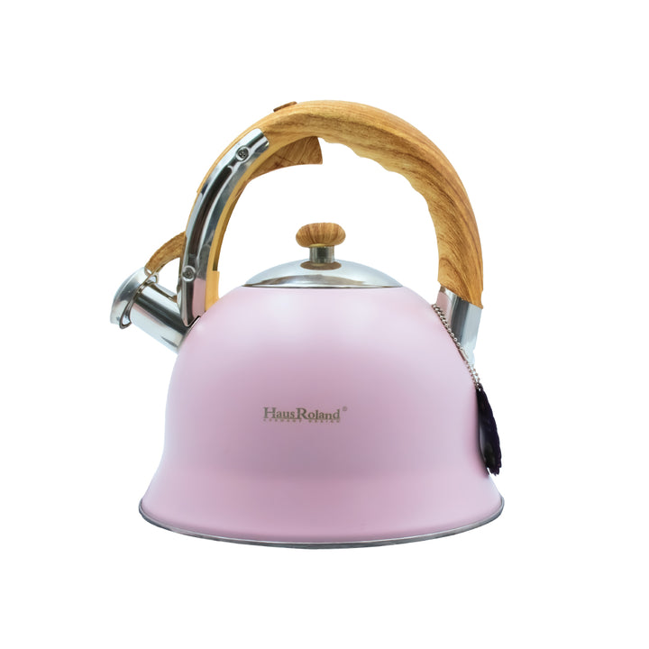 Haus Roland Stainless Steel Whistling Tea Kettle, Wooden Handles, 3L Capacity, Flat Bottom, for Electric, Gas, Induction, Radiation Stoves, Fast Boiling Teapot, Kitchen Utensils