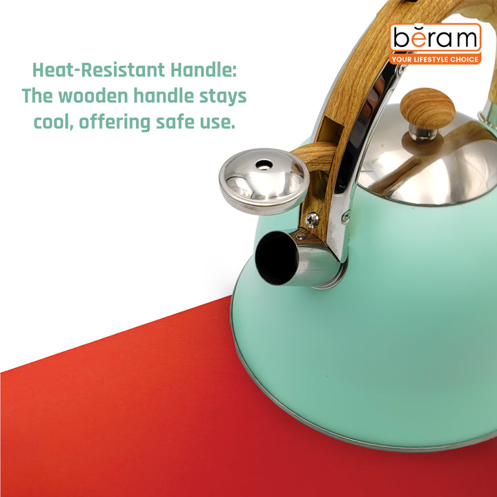 Haus Roland Stainless Steel Whistling Tea Kettle, Wooden Handles, 3L Capacity, Flat Bottom, for Electric, Gas, Induction, Radiation Stoves, Fast Boiling Teapot, Kitchen Utensils